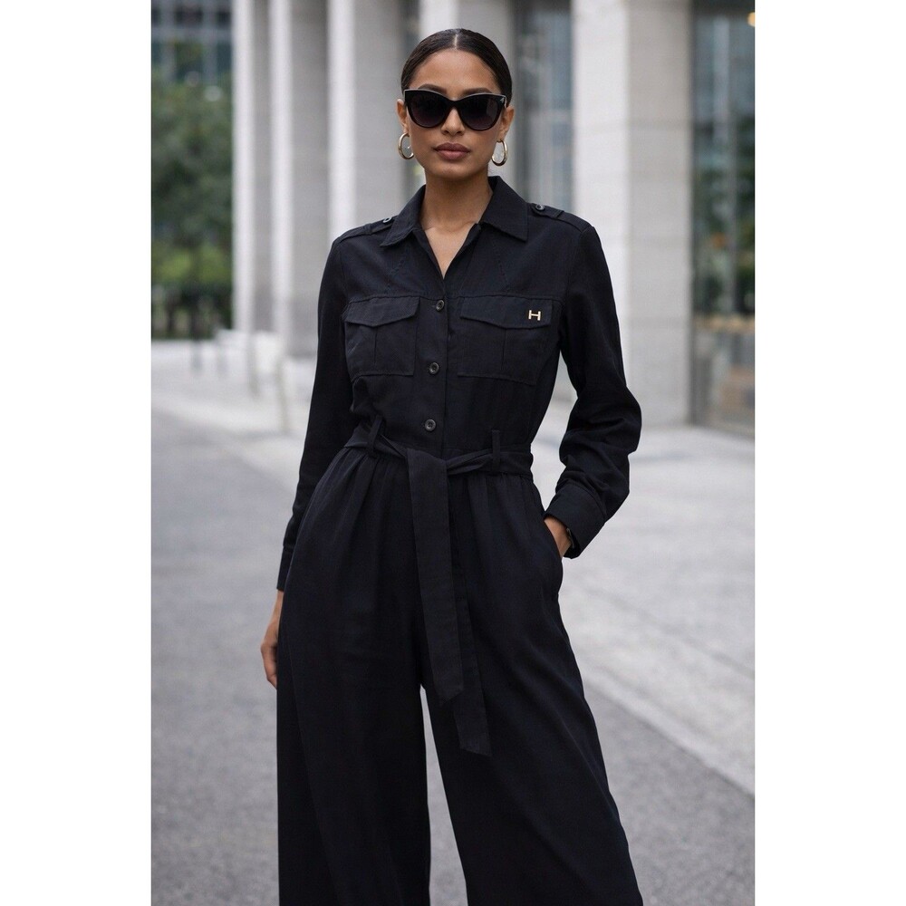 H Halston Jumpsuit Size 2 Black Wide Leg Belted Utility Chic Button Front